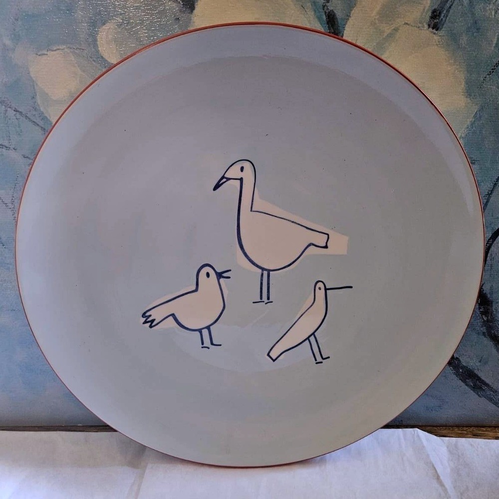 Tag Ceramic Bird Dinner Plate Light Blue Red Rim Coastal Minimalist Shorebirds